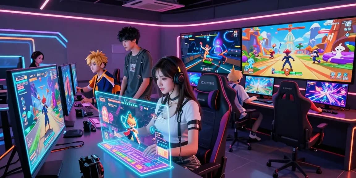 Engaging scene of animated characters playing a free hentai game in a vibrant gaming lounge.