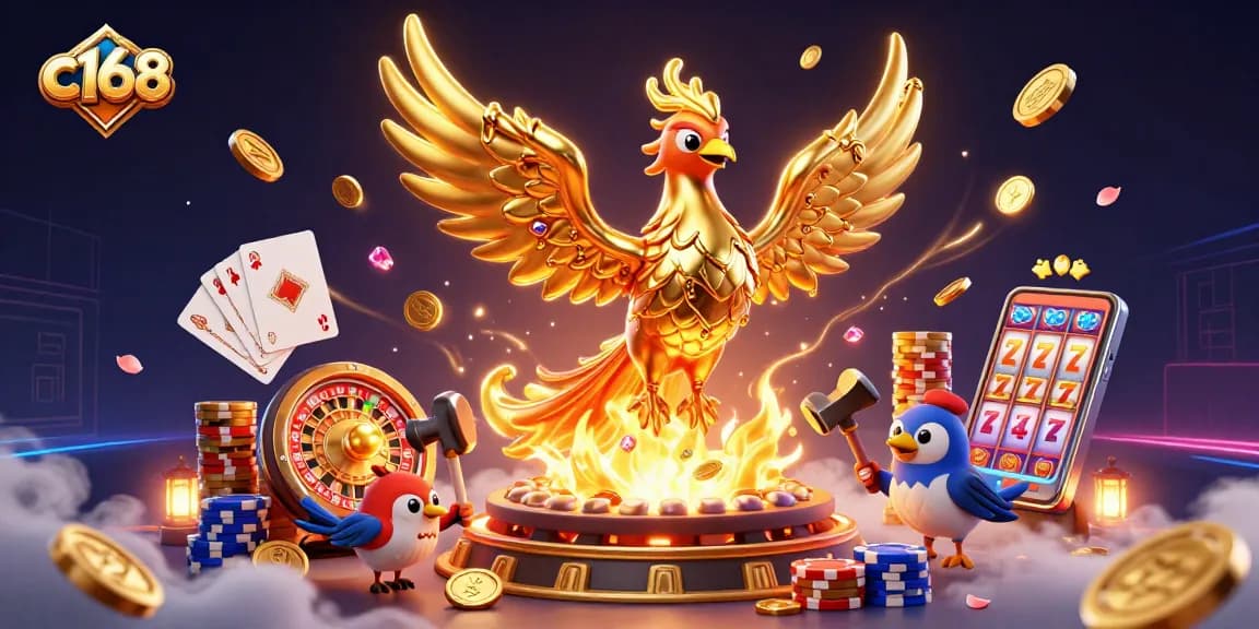 C168 casino illustration showcasing a molten gold phoenix and dynamic gaming elements enhancing the casino experience.