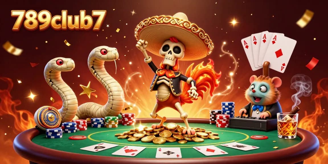 Experience the vibrant excitement of 789club7 with dynamic characters celebrating a winning poker hand amidst casino grandeur.