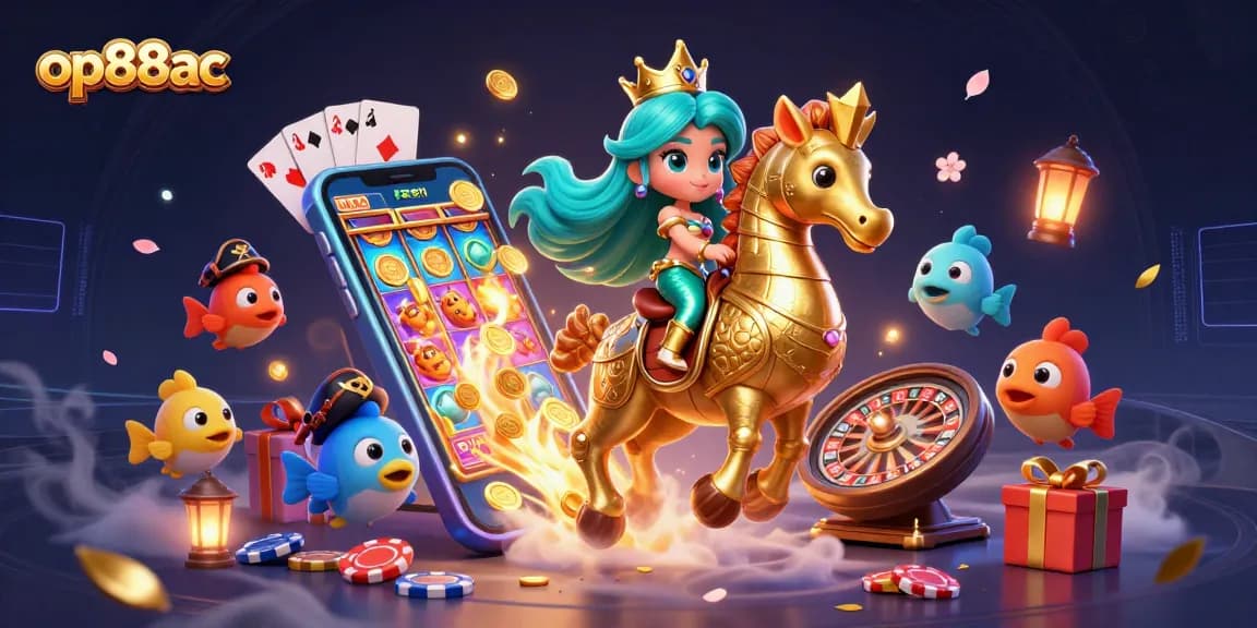 Experience op88ac's exciting slot games with a vibrant 3D illustration featuring a mermaid, seahorse, and colorful elements.