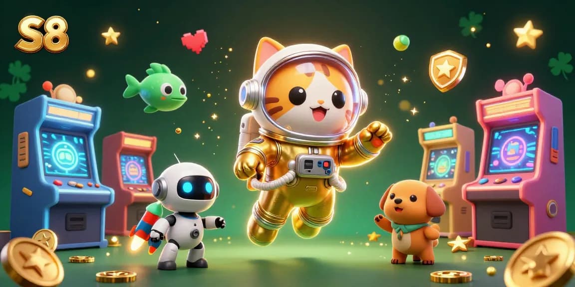Engage in thrilling slots at S8 with vibrant 3D illustrations featuring lively gaming action.