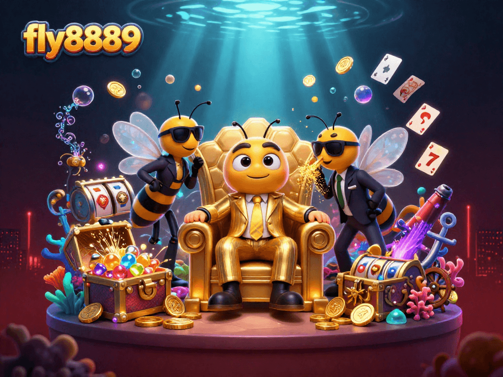 Experience the thrilling games of fly8889 with vibrant slot reels, gold coins, and dynamic characters.