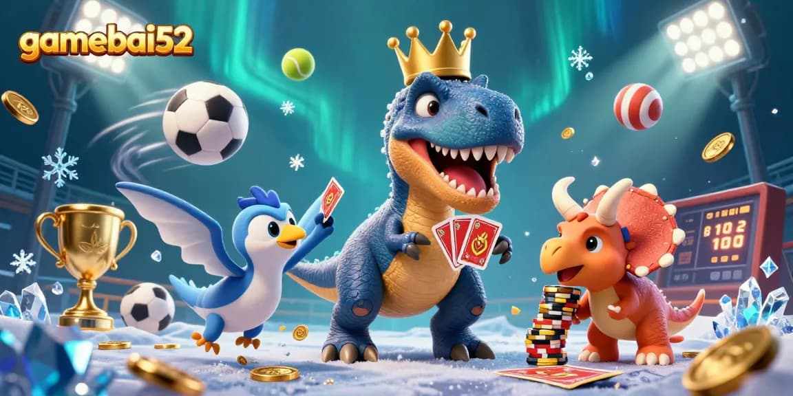 Experience thrilling gameplay at gamebai52 with a fun T-Rex and friends in an exciting casino scene.