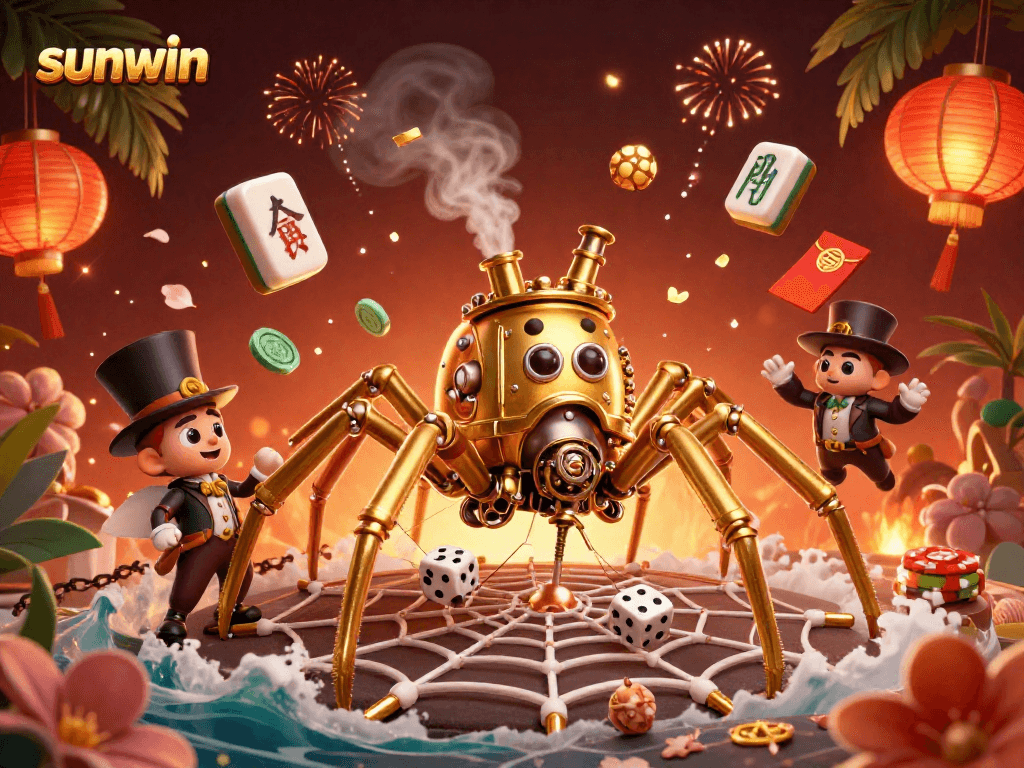 Experience the thrill of sunwin with an intricate casino scene featuring a golden spider and dynamic elements.