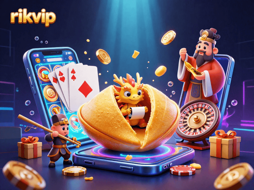 Engage with rikvip's vibrant casino games featuring a dragon and fortune cookie in 3D art.