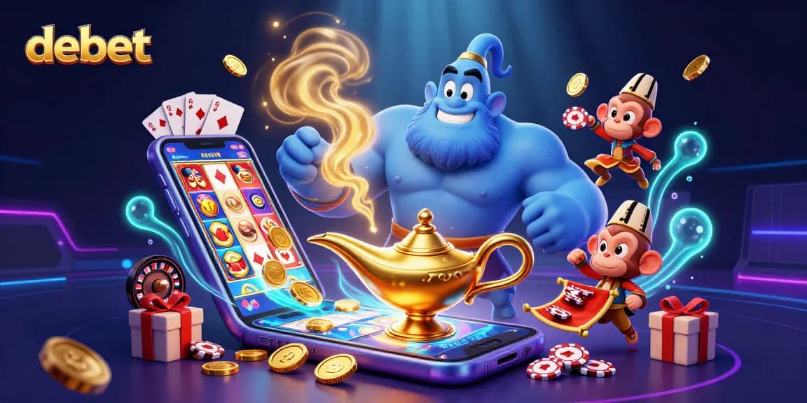 Engage in thrilling slots with debet in this vibrant 3D casino illustration featuring a genie and poker chips.