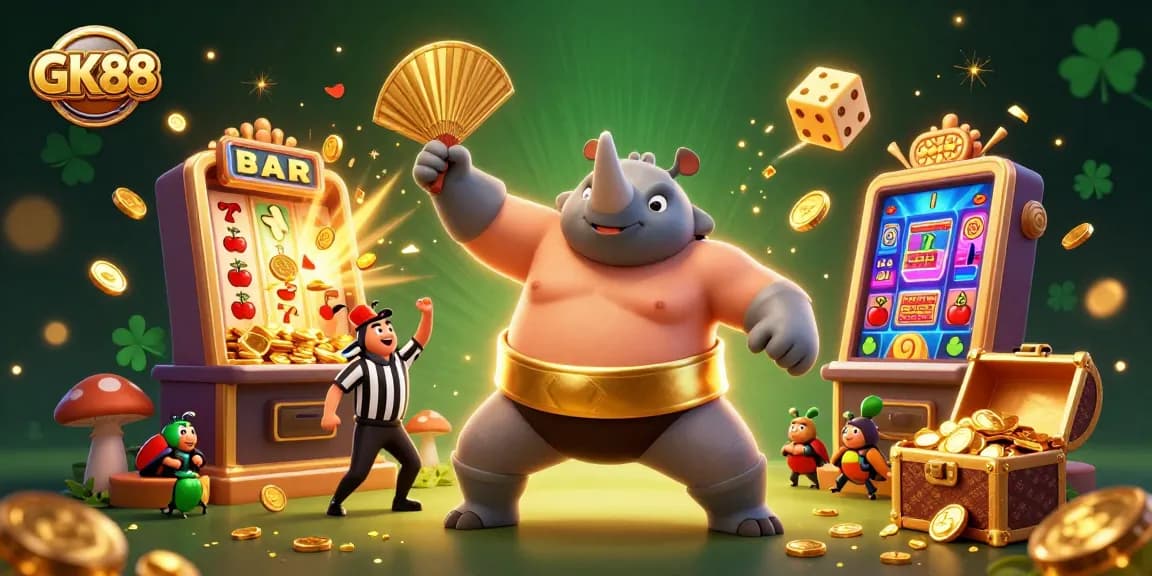 Experience thrilling wins at GK88 with a vibrant scene of a beetle champion celebrating a jackpot