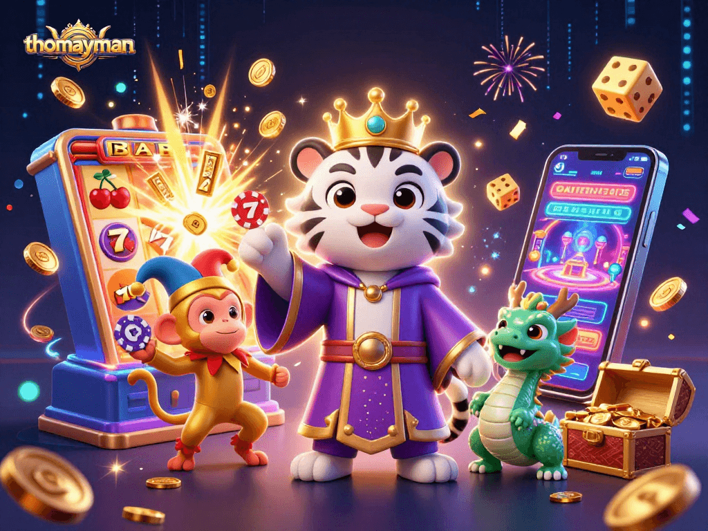 Win big with thomayman while playing exciting slot machines surrounded by vibrant characters.