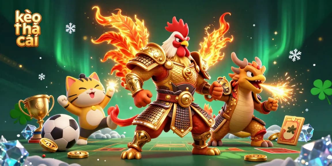 Engage in strategic sports betting with kèo nhà cái featuring a golden rooster warrior and dragon hatchling.
