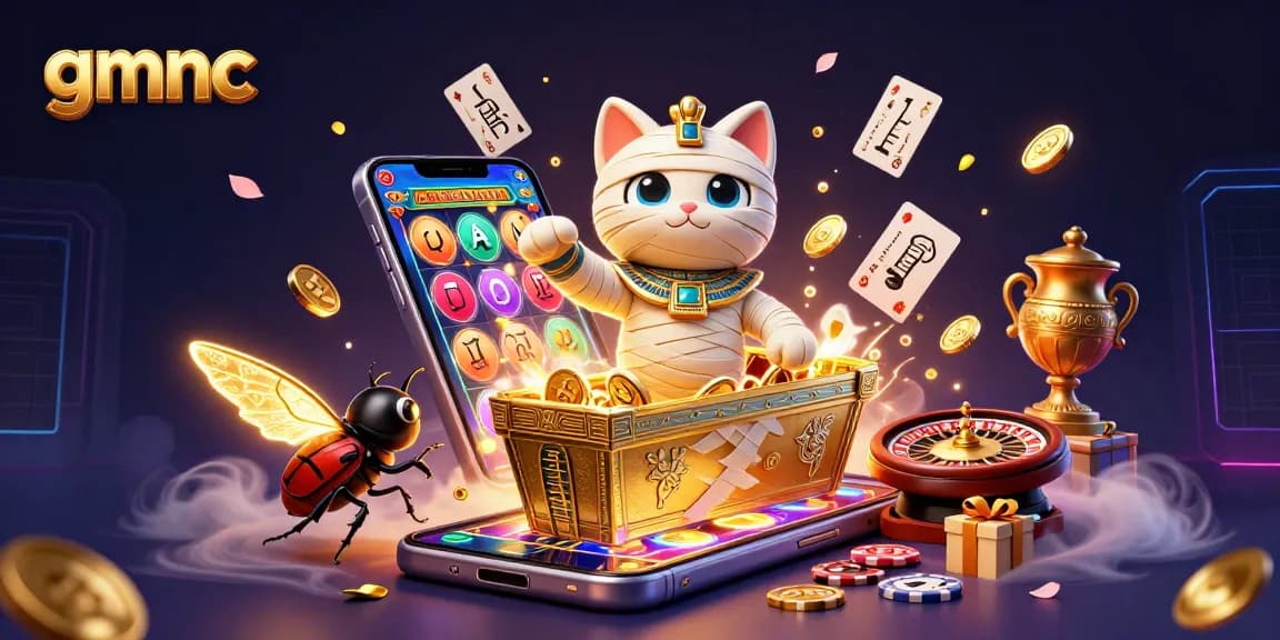 Engage with the gmnc pyramid casino experience featuring a mummy cat and golden coins.