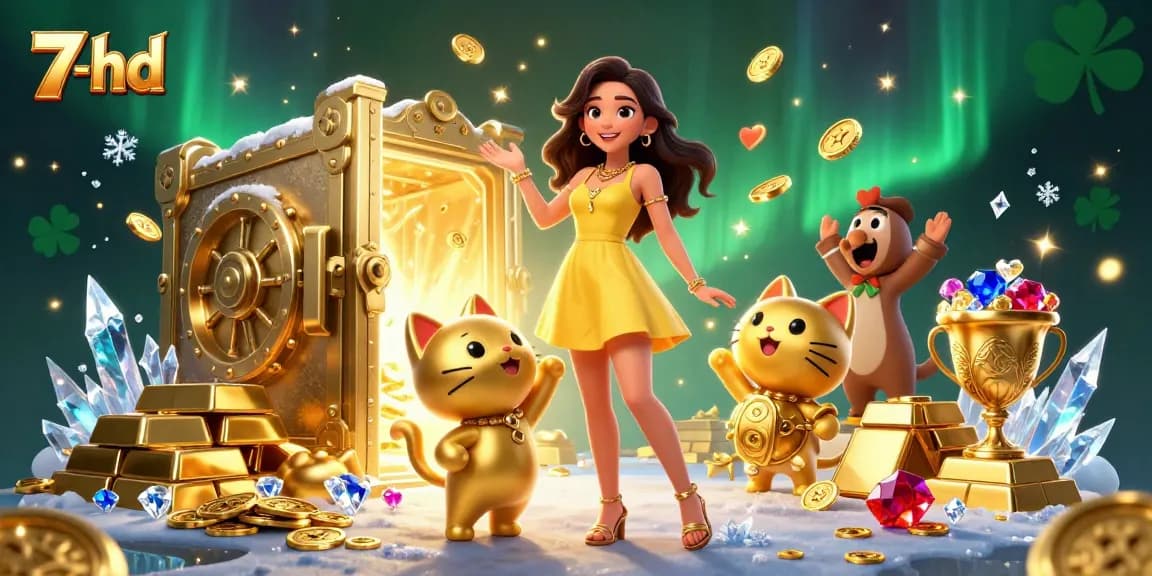 Experience winning moments at 7-hd with golden treasures and heartwarming interactions depicted in vibrant 3D art.