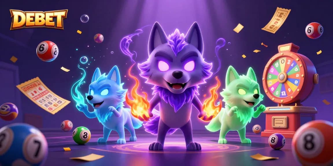 Engage with DEBET's thrilling lottery experience featuring dynamic lottery balls and vibrant game elements.