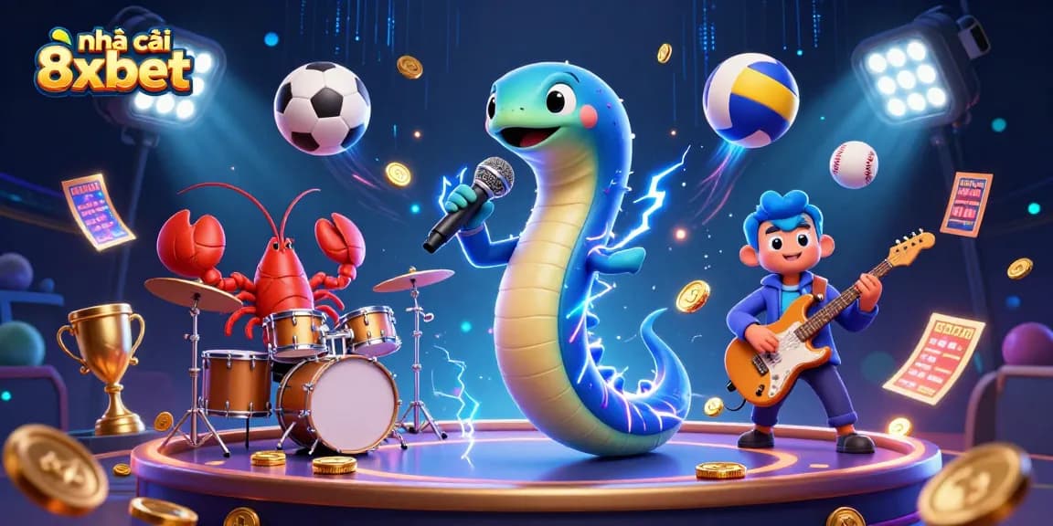 Experience the vibrant action of nhà cái 8xbet with thrilling sports betting elements and colorful underwater casino characters.