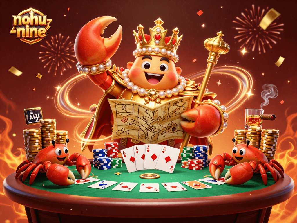 Experience the thrill of nohu-nine with a dynamic illustration featuring a golden crab emperor at a poker table.