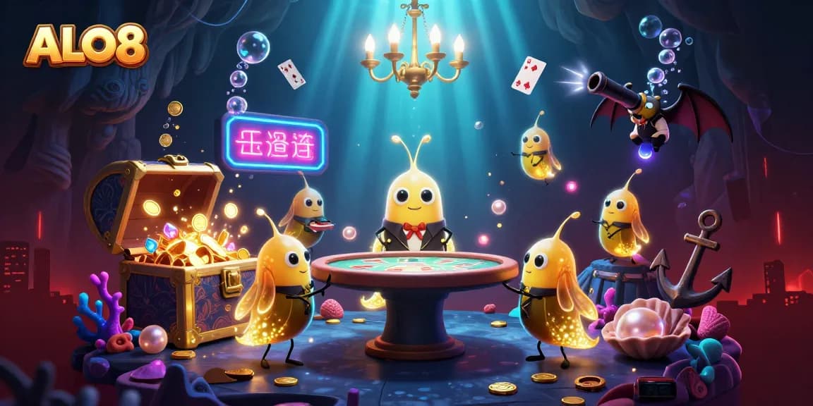 Experience excitement at ALO8 with glowworms illuminating a vibrant digital casino scene, showcasing engaging gambling elements.