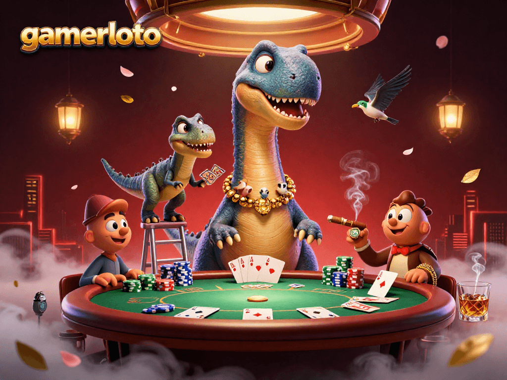 Gamerloto showcases a giant dinosaur dealer at a lively poker game in a vibrant casino.