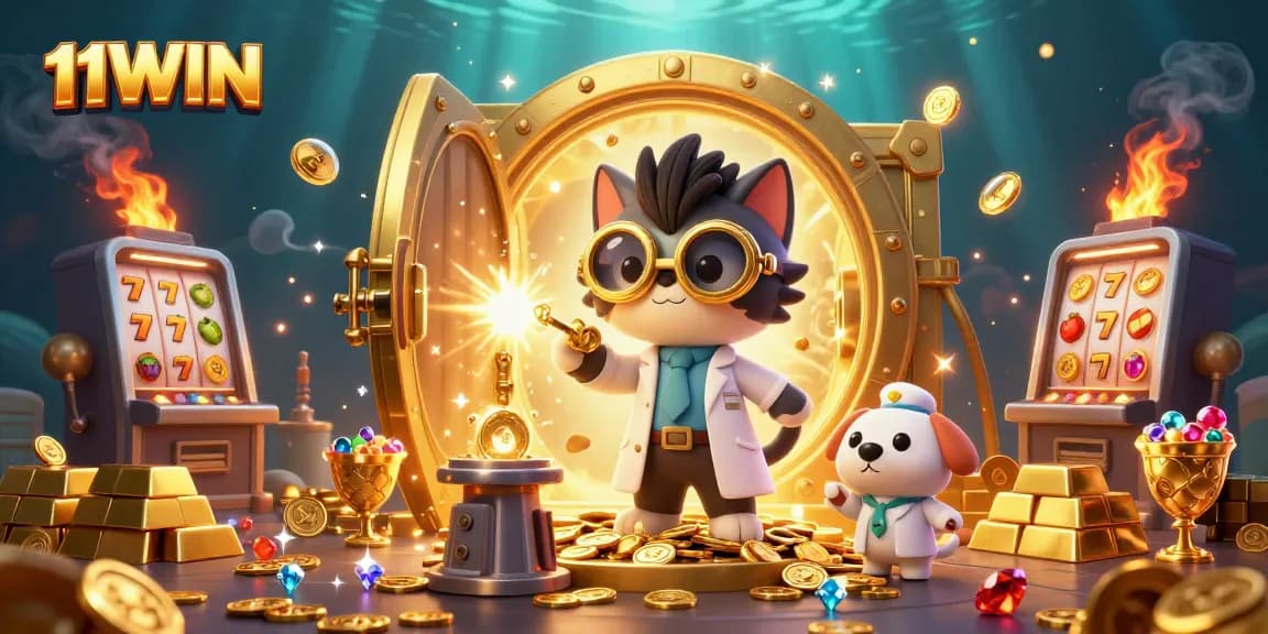 11WIN enhances gameplay excitement in a vibrant casino illustration with gold treasures and fun characters.