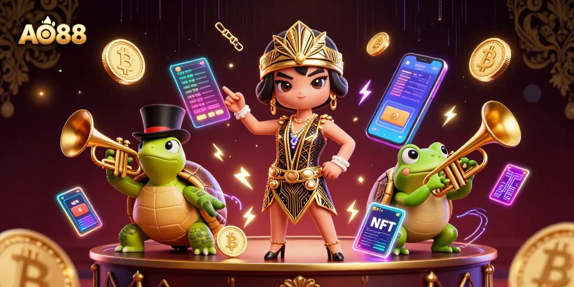 Engage with AO88 in a vibrant, dynamic casino scene featuring animated characters and cryptocurrency elements.