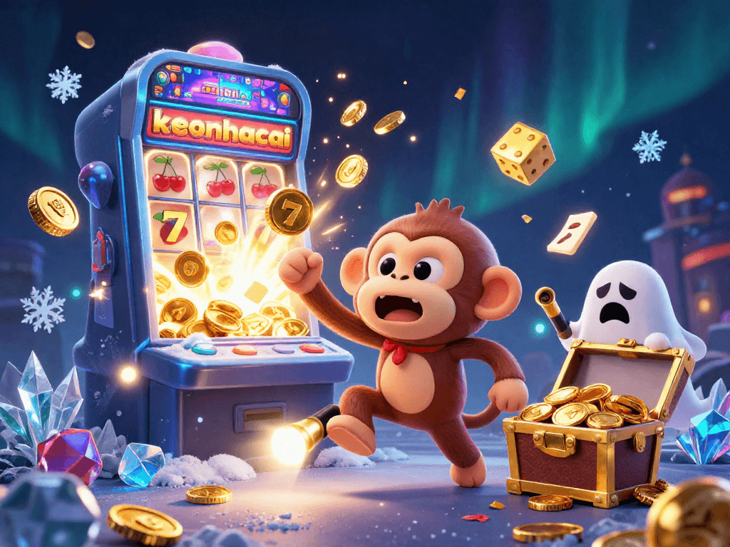 Experience keonhacai in a dynamic scene with a mischievous monkey and thrilling casino elements.