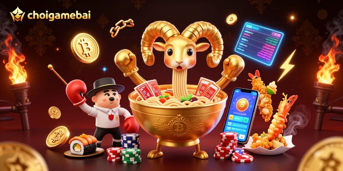 Players strategizing with choigamebai elements like Bitcoin coins and a ramen bowl dealer.