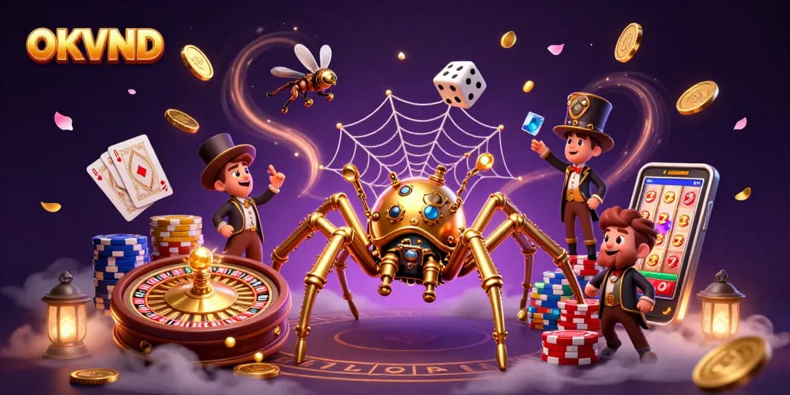 Engage with OKVND's captivating steampunk casino world, featuring golden chains and lively game elements.