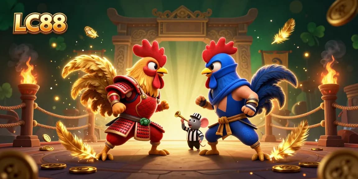Engage with thrilling LC88 competition in a dynamic illustration of roosters challenging at a casino.