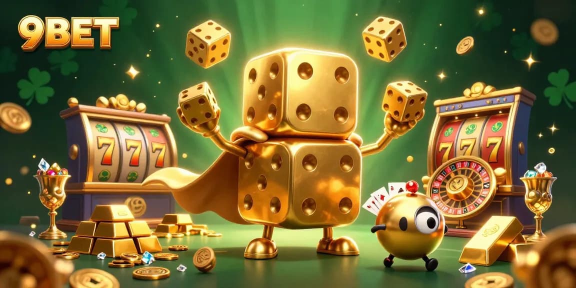 Engage with thrilling gaming at 9BET featuring a golden dice golem and casino elements.