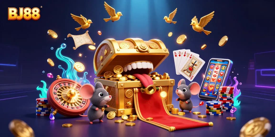 Experience the excitement of BJ88 casino with dynamic 3D elements and colorful gaming treasures.