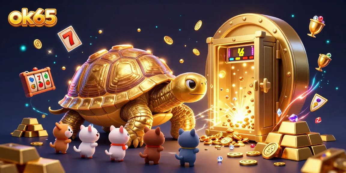 Spin the reels and collect rewards with ok65 in a vibrant casino scene featuring a lively tortoise.