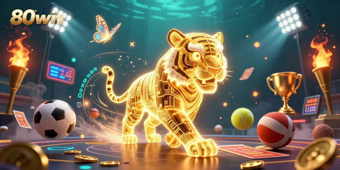 Experience excitement at 80win with a vibrant digital casino featuring sports elements and neon lights.