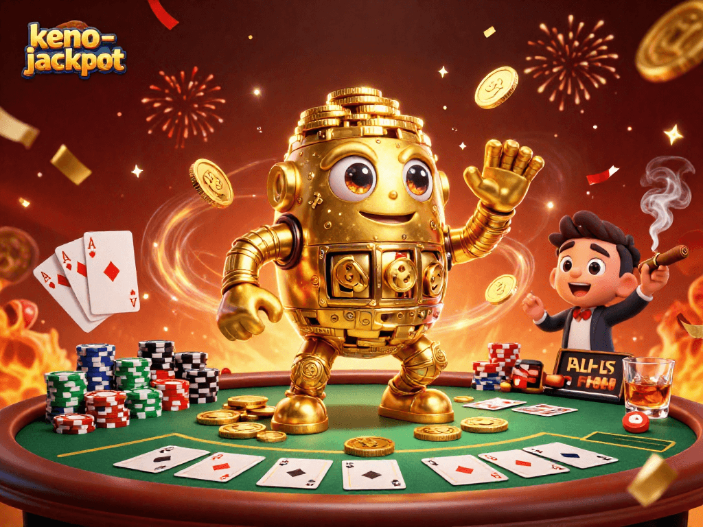 Check out the thrilling keno-jackpot action with a golden golem at a vibrant casino scene!
