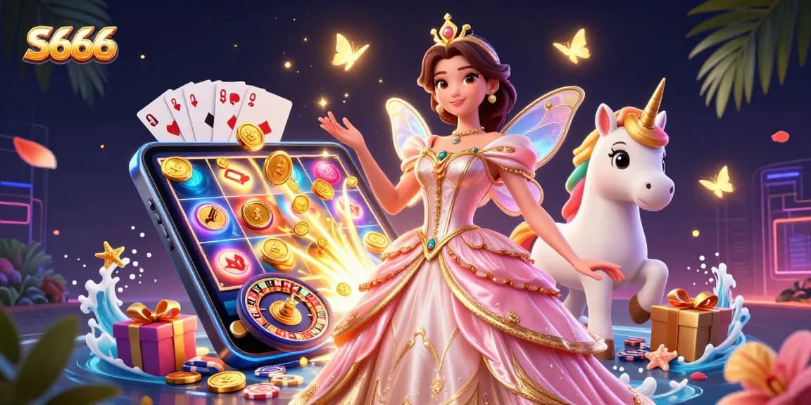 S666 players enjoy thrilling slot games with vibrant graphics and dynamic elements in this captivating illustration.
