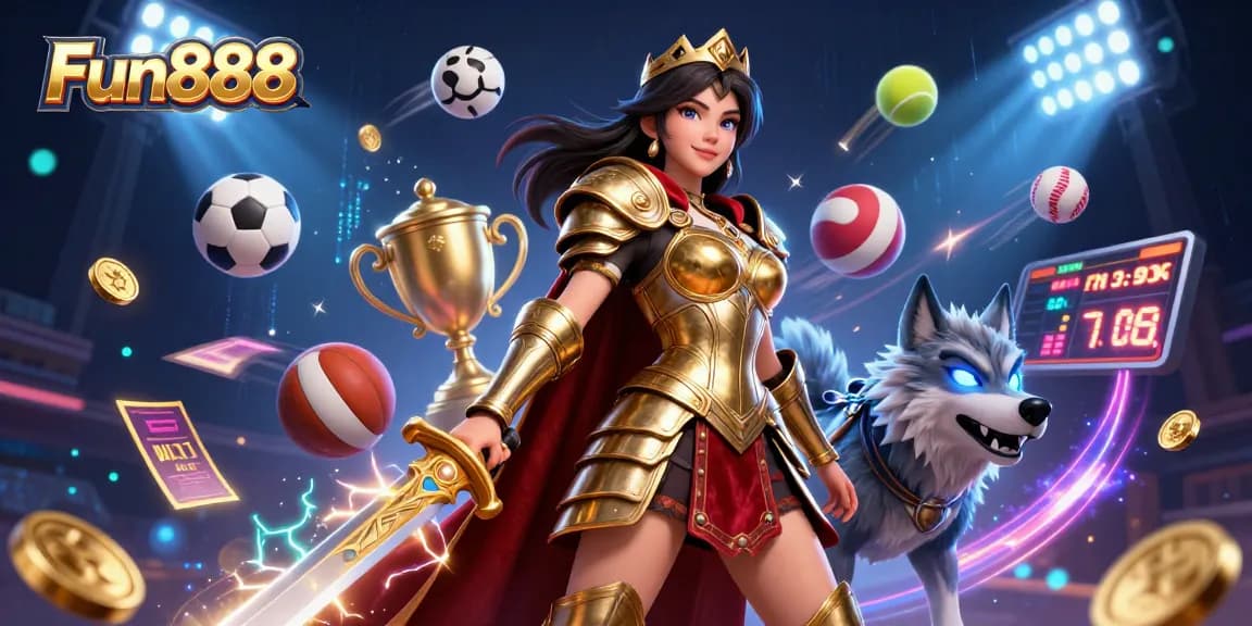 Experience the energy of Fun888, showcasing a warrior queen and wolf amidst dynamic gambling elements.