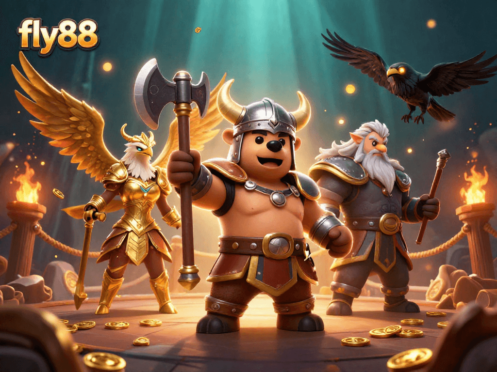 Experience excitement at fly88 with a dynamic scene showcasing a Viking berserker bear and Valkyrie eagle amidst energetic gambling elements.