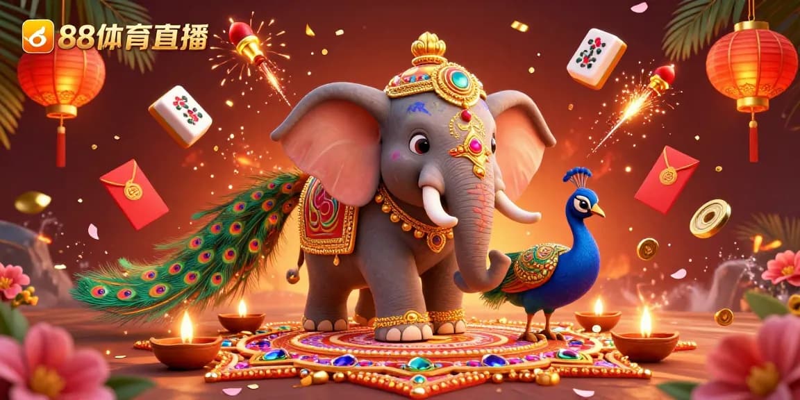Experience thrilling 88体育直播 action with a Diwali-themed elephant and vibrant peacock, surrounded by festive elements.
