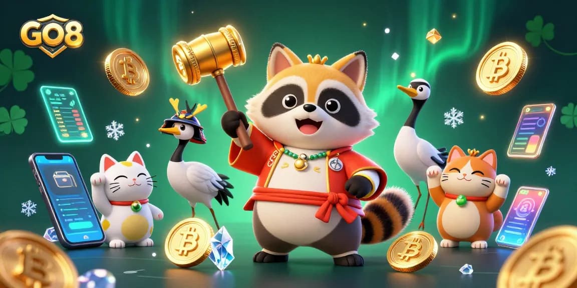 Experience exciting gameplay at GO8 with cheerful tanuki surrounded by vibrant casino elements.