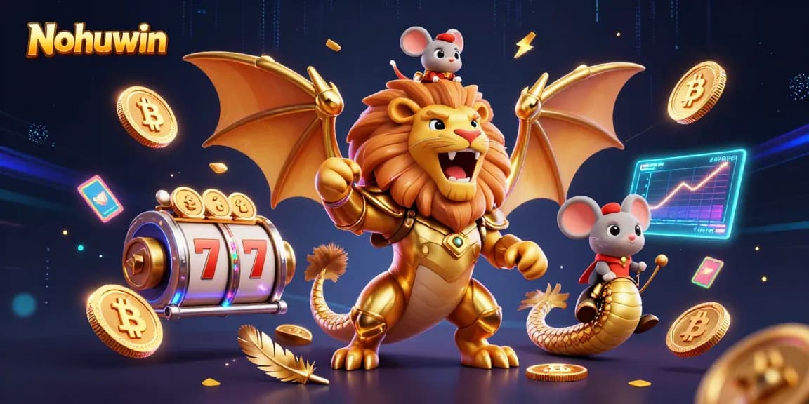 Nohuwin casino scene featuring a golden chimera and mouse jockey amidst vibrant 3D slots, crypto coins, and game elements.