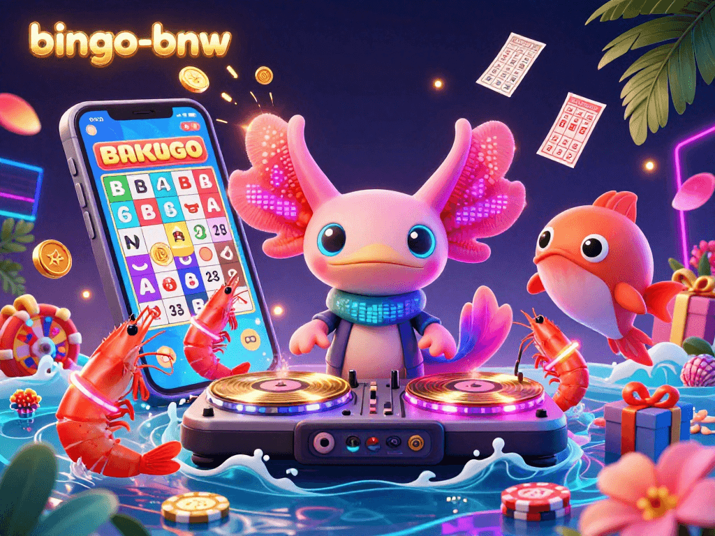 Bingo-bnw's dynamic bingo game scene featuring an axolotl DJ, dancing shrimp, and a beatboxing blowfish.