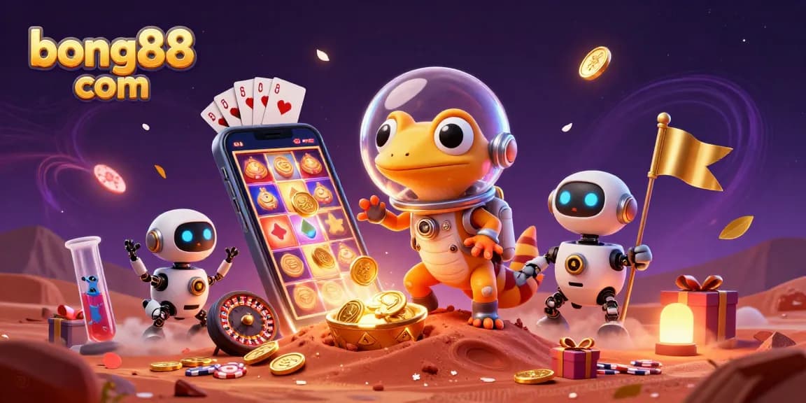 Experience excitement at bong88 com with a Martian gecko celebrating casino wins among vibrant gambling elements.