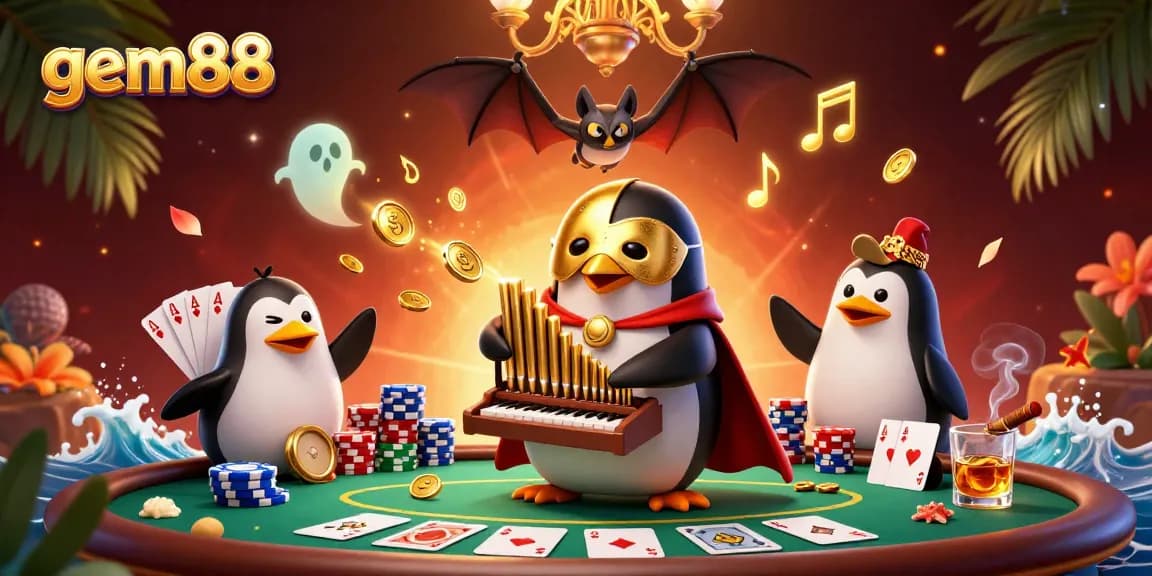 Experience gem88's thrilling poker action with vibrant casino scenes and engaging characters.