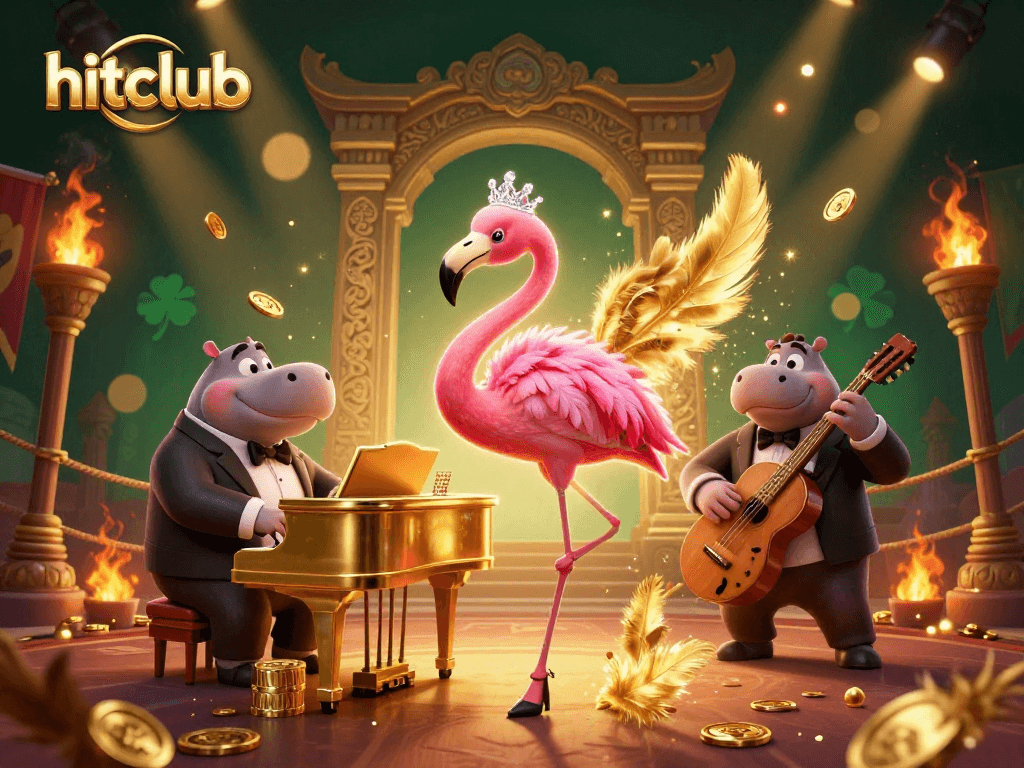 Examine the hitclub's vibrant casino atmosphere with a flamingo singer and hippo bassist creating dynamic gambling excitement.