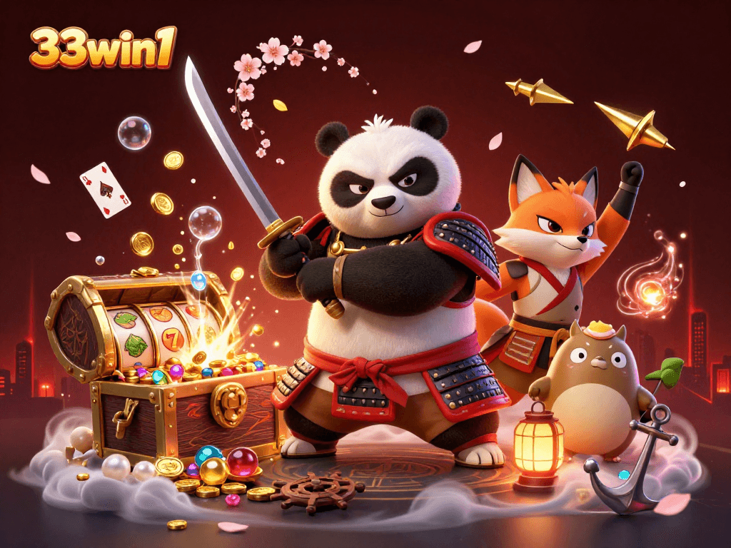 Engage with 33win1's exciting gaming world featuring samurai, ninja, and treasure elements.