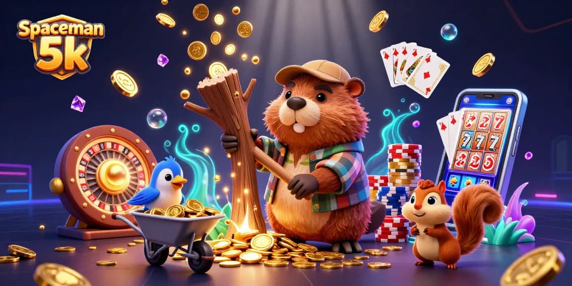 Permainan slot Spaceman 5k dengan karakter menarik dan koin emas berlimpah di latar belakang futuristik.