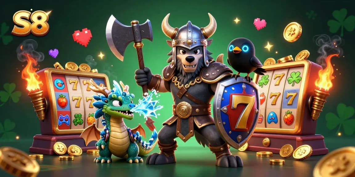 Experience thrilling wins at S8 with a fierce Viking warrior, a dragon, and dynamic slot machine action.