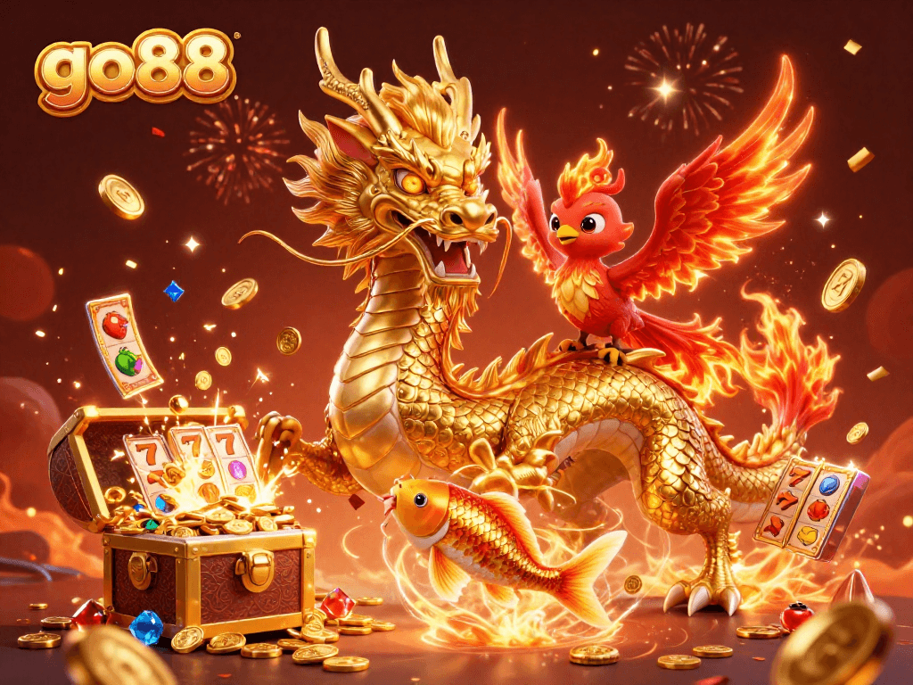 Experience the thrill of go88 with a fierce dragon and a lucky koi fish in a dynamic casino scene.