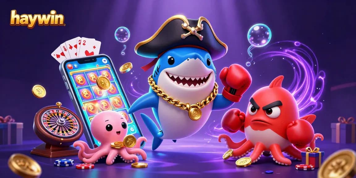 Experience thrilling gaming with Haywin’s pirate-themed casino scene featuring slots, poker, and vibrant characters.