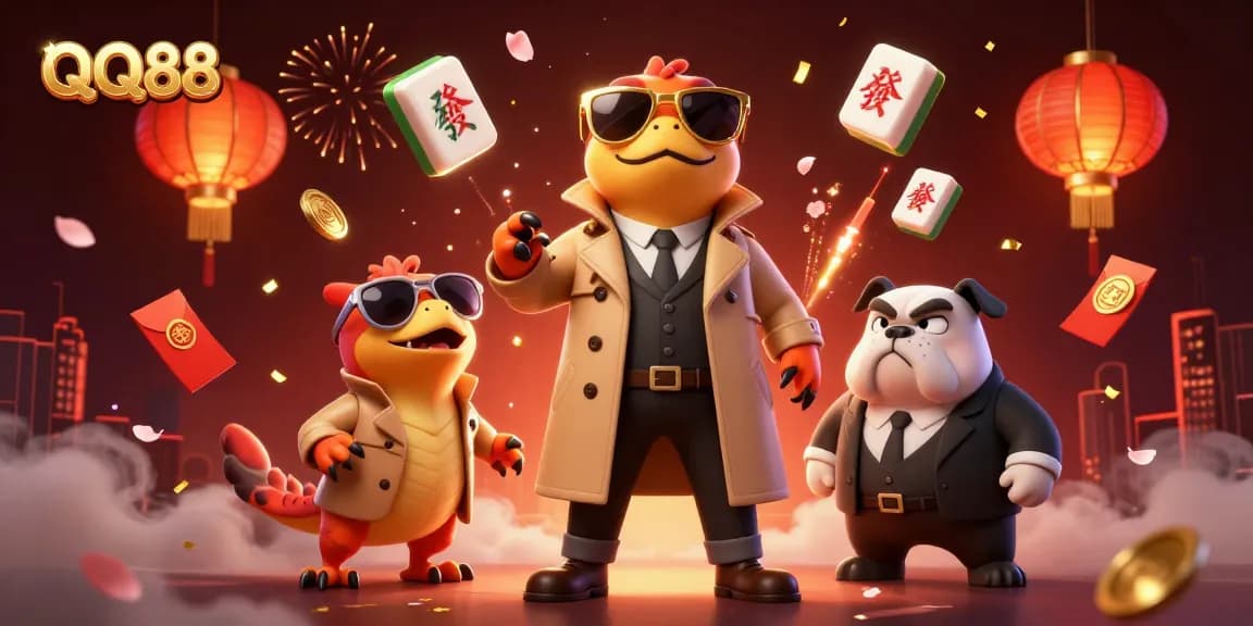Immerse in QQ88's vibrant online casino experience with playful raptors and engaging game elements.
