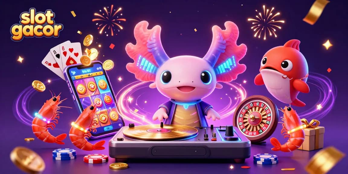 Experience thrill with slot gacor gameplay featuring a vibrant axolotl DJ and dynamic gaming elements.