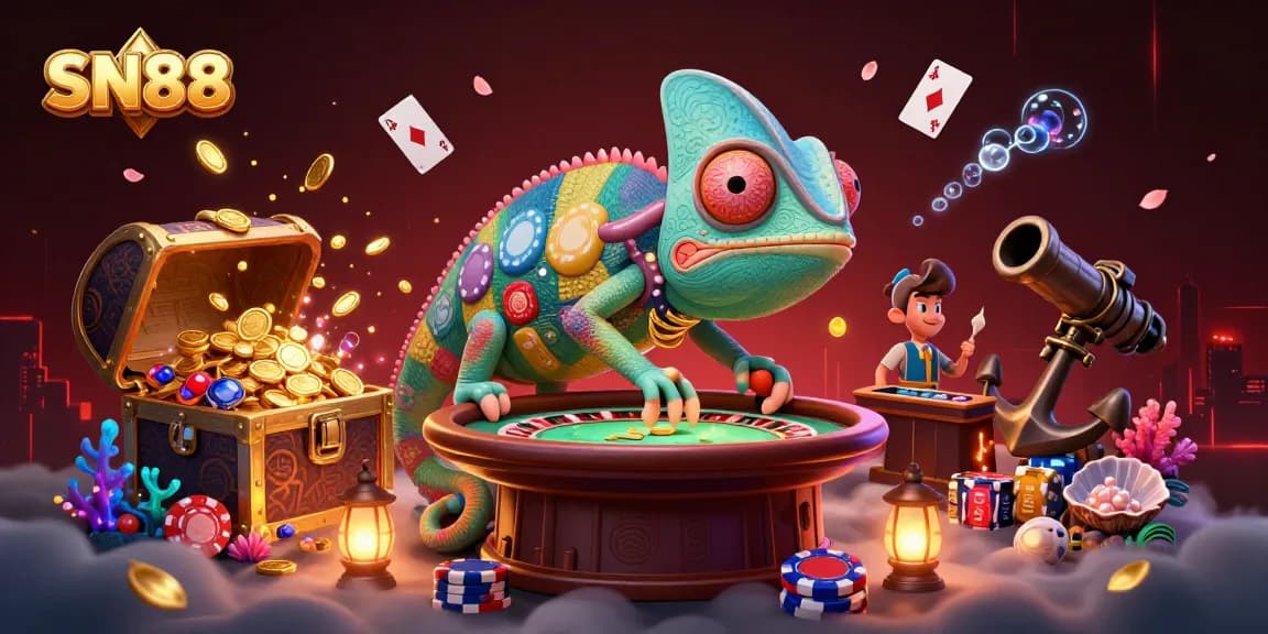 Engage with SN88's thrilling casino experience featuring dramatic chameleon owner and dynamic game elements.