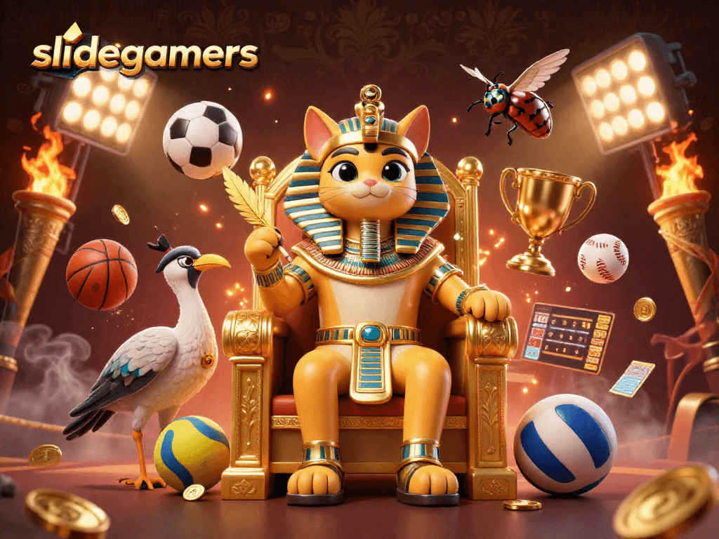 Engaging slidegamers scene with Egyptian cat, ibis, and sports themes in a rich casino environment.